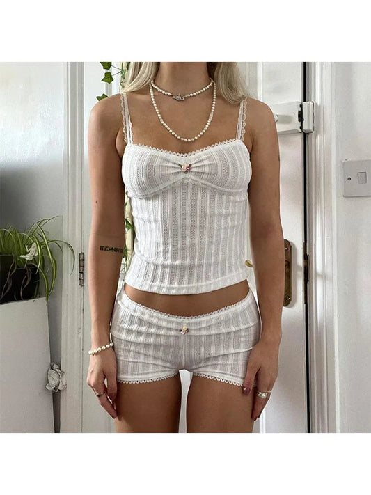 Woman Hot Pants Japanese Fashion Outfits Gyaru Tank Top Shorts Halter Top Sexy Sets Crochet New Trend Top Cute Core Chic