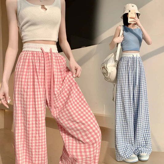 Thin High Waisted Women's Checkered Black and White Wide Leg Pants, Casual Elastic Floor Length Pants, Retro Loose and Versatile