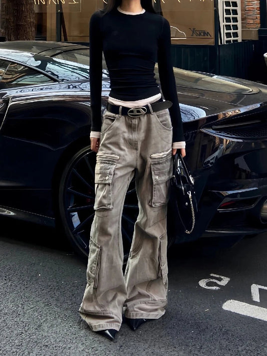 Brown Jeans Women High Waist American Plus Size Wide Leg Pants Vintage Straight Baggy Casual Denim Trousers Mom Oversize Pants