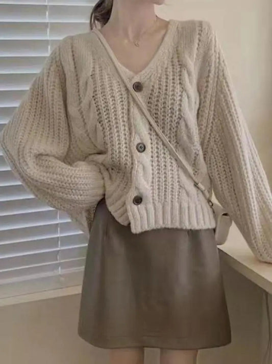 Women Solid Long Sleeve Cardigan Crochet Sweater Autumn Winter Casual Korean Vneck Single Breasted Short Tops Chic Streetwear