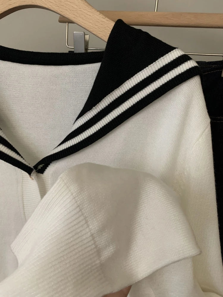 White Navy Collar Knitted Cardigan Age Reduction Women Clothing Autumn Thin Long Sleeve Sweater Korean Fashion Y2k Top