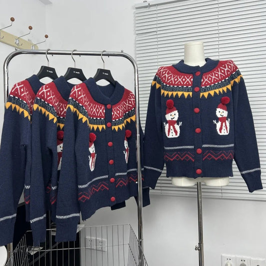 Sweet Hot Girl Retro Knitted Cardigan Women's Winter Snowman Pattern Oneck Loose Sweater Coat Fashion Female Clothes