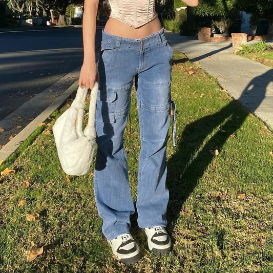 Y2k Street Retro Fashion Jeans Women Midiwaist Sexy Belt Drawstring Casual Straight Pants Women Patchwork Style Streetwear