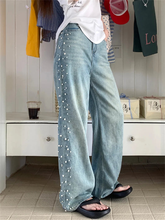 Summer Straight Jeans Women Pearls Wide Leg Mopping Light Washed High Waist Streetwear New Denim Casual Pants