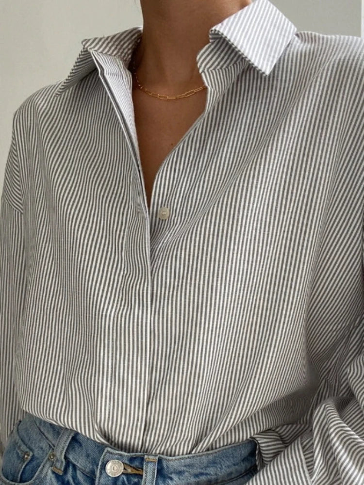 Autumn Fashion Striped Casual Blouses for Women Elegant Basic Turndown Collar Long Sleeve Casual Shirt Female Blouses