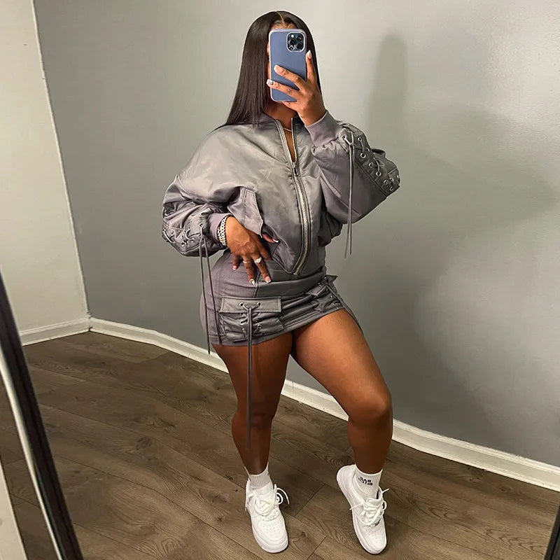 bandage Skirts Suit For Women Fashion Zipper Slim Lace Up Cardigan Femme Sexy Mini Skirt 2 Piece Sets Womens Outfits