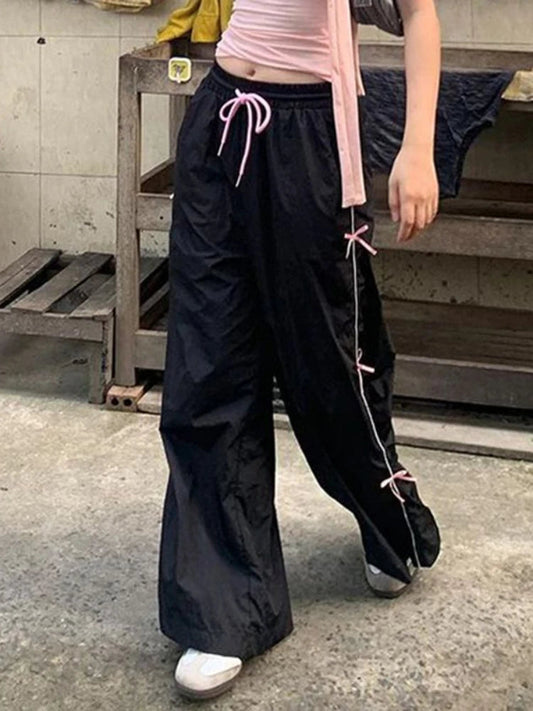 Black Baggy Sports Pants Women Y2k Vintage Bow Drawstring Straight Wide Leg Sweatpants Hip Hop Causal Kpop Mujer Bottoms
