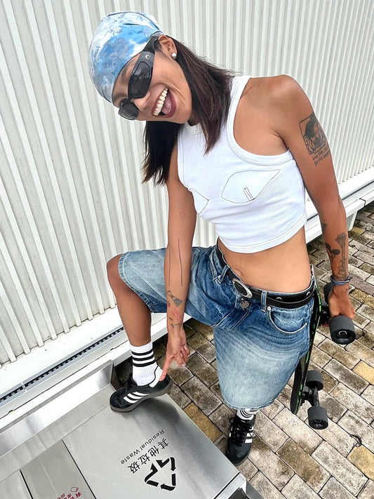 Blank Patched Women Jeans Jorts Do Old Whiskers Wide Leg High Waist Denim Short Pants Vintage Y2k Korean Streetwear