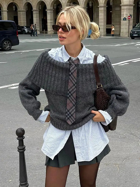 Women Off Shoulder Cropped Knitted Pullover Fashion Slash Neck Long Sleeve Female Sweater Elegant Autumn Lady Loose Jumpers Knit