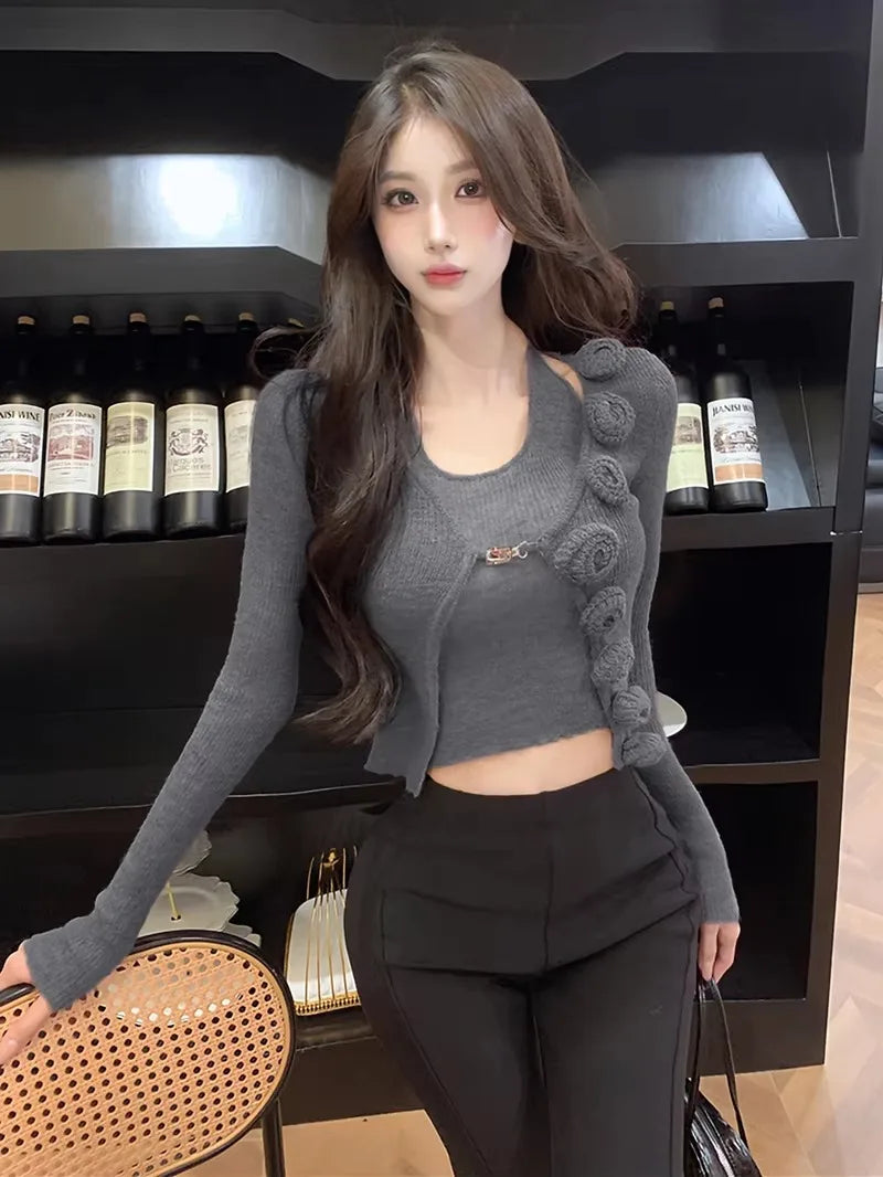 Sweet Hot Girl Pure Sexy Suit Women's Autumn and Winter Knitted Cardigan Short Slimfit Halter Vest Twopiece Set Female Clothes