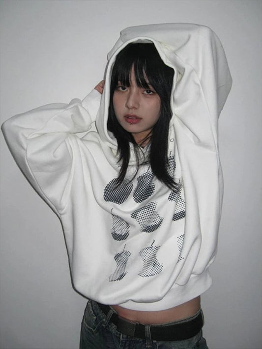 American Retro Fruit Print Hoodies Women High Street Apple Graphic Top Harajuku Oversized Streetwear Design Aesthetics