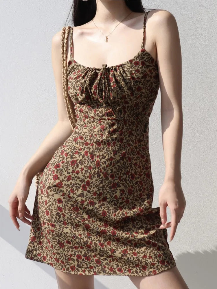 Summer Vintage Floral Print Dresses Women Casual Strap Laceup Beach Holiday Vestidos Female Backless Sleeveless Clothes