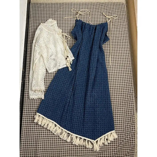 Women Suit Autumn New Bohemian Tassel Strap Camisole Dress Hollow Out Sunscreen Knitted Cardigan Two Piece Set Women Outfits