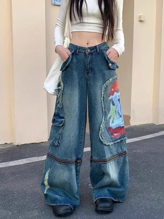 Blue Washed Cargo Jeans Women Ripped Wide Leg Denim Pants Zipper Oversized Streetwear Y2k Hip Hop Graffiti Baggy Bottoms