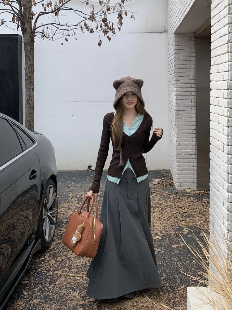 Y2K Brown and Mint Green Fake Two Pieces Knitwear Slim Button Up Cardigan Autumn Winter Ribbed Sweater Women Korean Chic