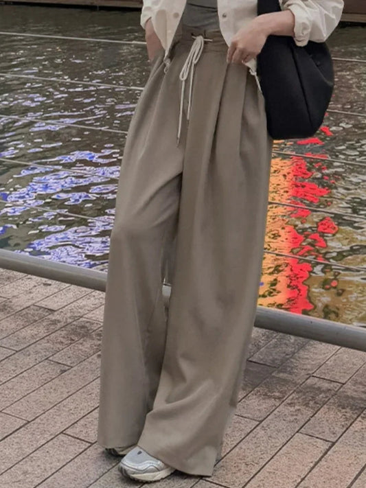 Vintage Loose Women's Wide Leg Pants 2025 New Spring Summer High Waist Laceup Casual Full Length Trousers Pocket Female