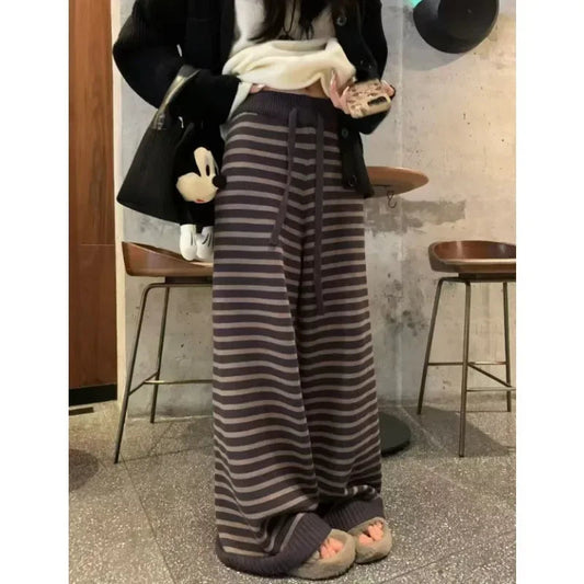 Vintage Laceup Loose Knitted Casual Pants Women 2025 Spring New Korean High Waist Contrast Color Striped Wide Leg Pants