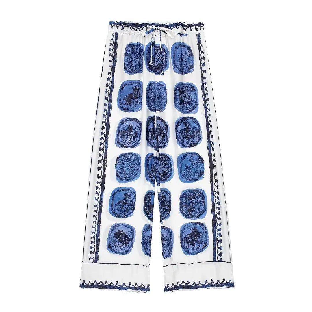 Summer Woman 2 Piece Set Boho Printed V Neck Long Sleeve Top Singlebreasted Casual Blouse Elastic High Waist Loose Pant