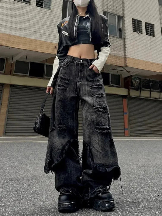 Washed Do Old Ripped Jeans Women Streetwear Hip Hop Retro Oversize Spliced Straight Denim Pants Y2k Causal Mujer Bottoms