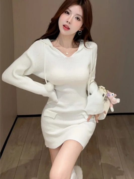Autumn Women&#8217;s Knitted Dresses for Women Hoodies V-neck Long Sleeve Bodycon Short Dress Casual Korean Chic Vestidos Mujer New