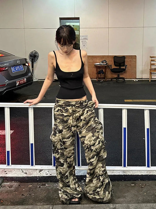 American Retro Punk Camouflage Pocket Cargo Pants Y2K High Street Hip Hop Loose Fashion Street Casual Straight Wide Leg Pants
