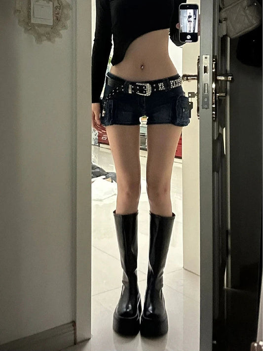Woman Casual Hot Slim Pants Low Waist Jean Solid Color Wash shorts Denim Shorts With Belt Classical Sexy Gyaru Dark Academia