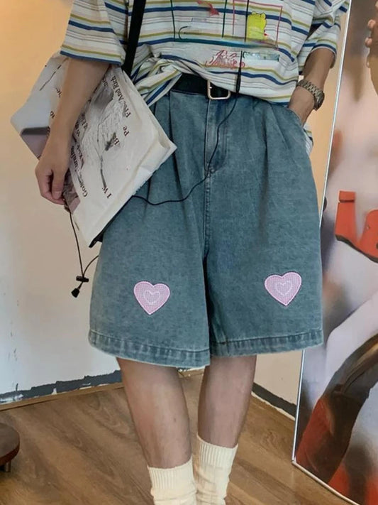 Vintage Print Washed Wide Leg Denim Pants Women Couple Oversized Cropped Baggy Jeans Casual 2000s Y2k Streetwear Shorts Men