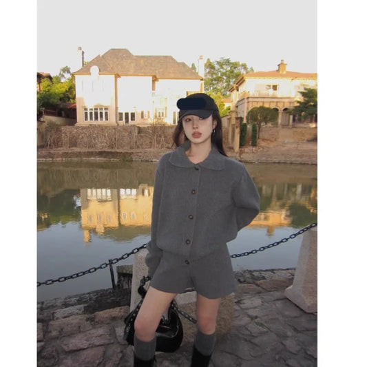 Sweet Hot Girl Casual Suit Women's Autumn/Winter Sweater Peter Pan Collar Knitted Cardigan High Waist Shorts Twopiece Set