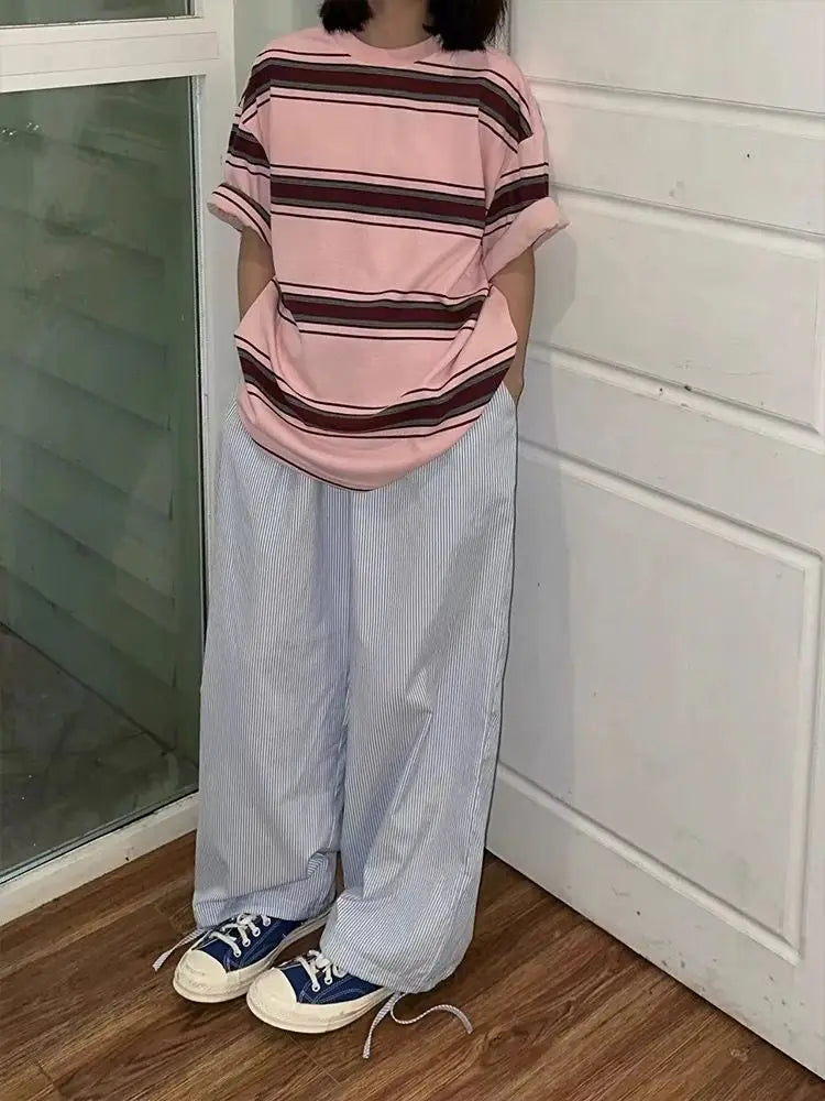 Summer Striped Pants Women Fashion Casual Wide Leg Pants Harajuku Patchwork Fake Two Pieces Trousers Korean Streetwear