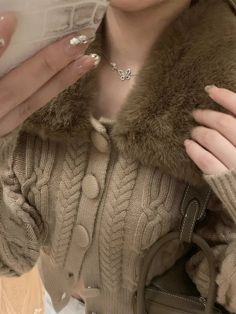 Vintage Lazy Lapel Neck Fur Sweaters Mujer 2024 Autumn New White Cardigan Coat Women Y2k Long Sleve Zipper Knitted Tops