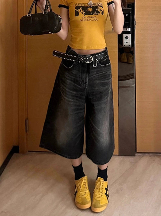 Black CalfLength Shorts Jeans Women Streetwear Vintage Oversize Wide Leg Denim Pants Y2k Causal Do Old Summer Bottoms