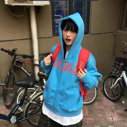 Y2K Letter Print Hoodies Sweatshirt Women Korean Fashion Cotton Zipper Loose Jacket New Harajuku Streetwear Ladies Tops