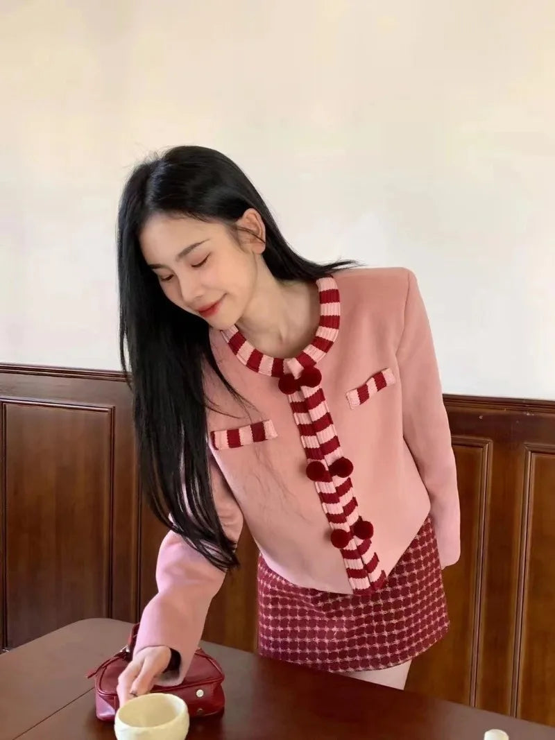 Sweet Hot Girl Suit Women's Winter Woolen Longsleeved Cardigan Plaid Wrap Hip Skirt Twopiece Set Fashion Female Clothes