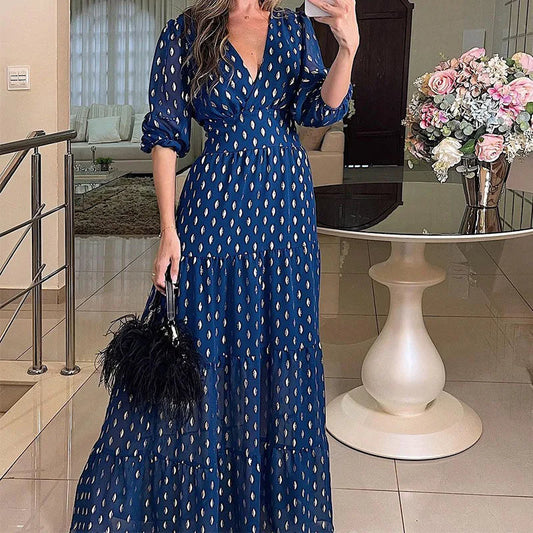 Women Deep V Neck High Street Dress Autumn Holiday Boho High Waist Long Dress Elegant Polka Dot Short Sleeve Pleated Party Dress