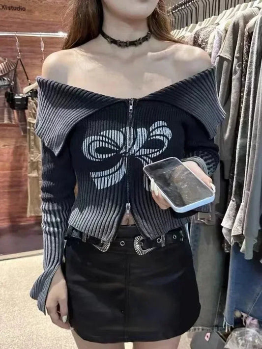 Bow Print Offshoulder Knitwear Gradient Cardigan Sweater Zipper Maillard Style Fairy Grunge Long Sleeve Top Y2k Clothes