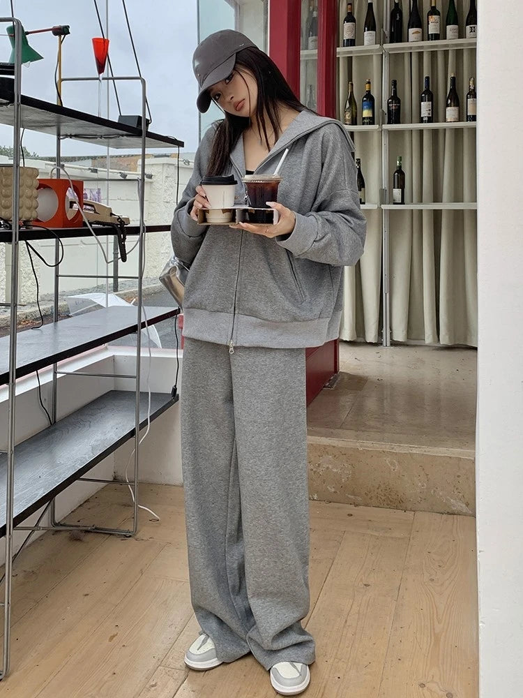 Y2K Casual Two-piece Set Solid Tracksuit Stand Collar Long Sleeve Zip-up Sweatshirt Long Pants Korean Fashion Autumn New Outfits