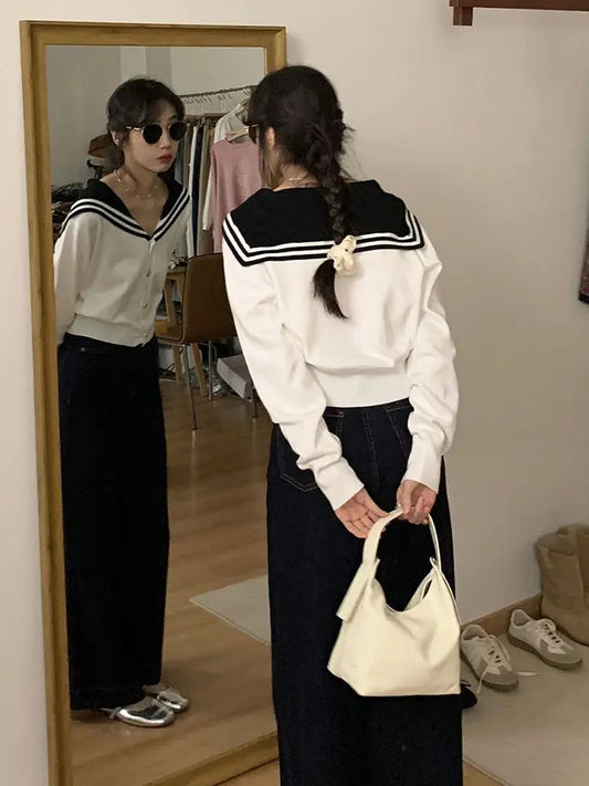 White Navy Collar Knitted Cardigan Age Reduction Women Clothing Autumn Thin Long Sleeve Sweater Korean Fashion Y2k Top