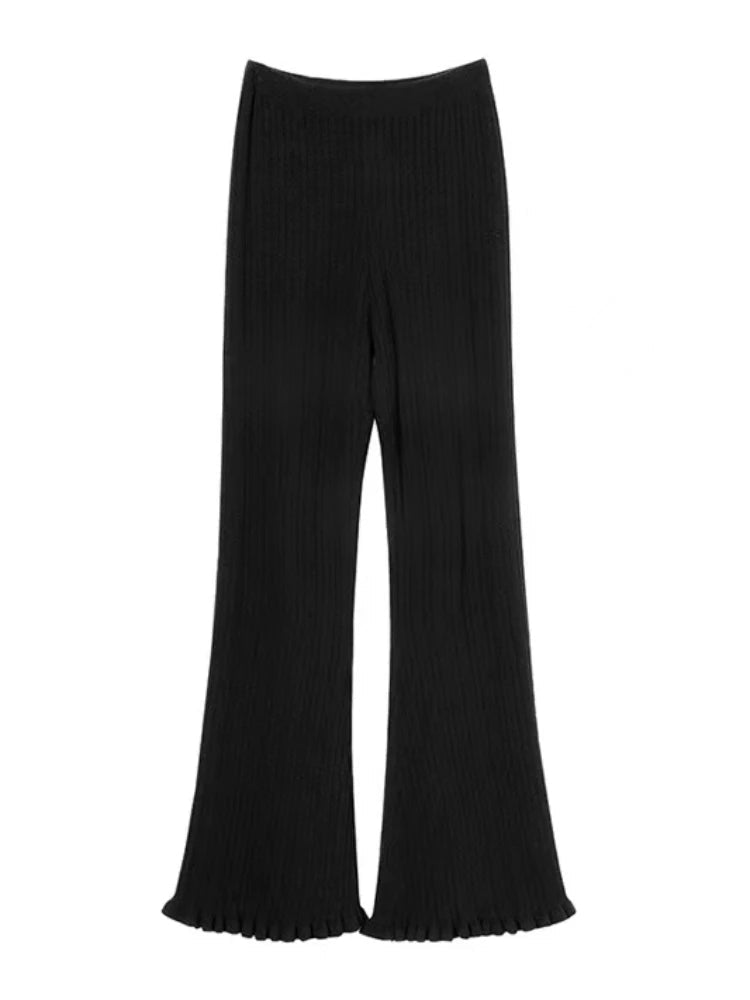 Black Knitted Rib Pants Women Tassels Flared Trousers Leggings Boot Cut Korean Fashion High Waist Autumn Winter Bottoms