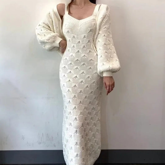 Sweet Hot Girl Suit Women's Autumn and Winter Singlebreasted Lantern Sleeve Knitted Cardigan Slim Strap Dress Twopiece Set