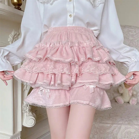 Autumn Japanese Soft Girl Warm Pumpkin Pants Leggings High Waist Pink Cake Skirts for Women Sweet Lolita  Aline Shorts Skirts