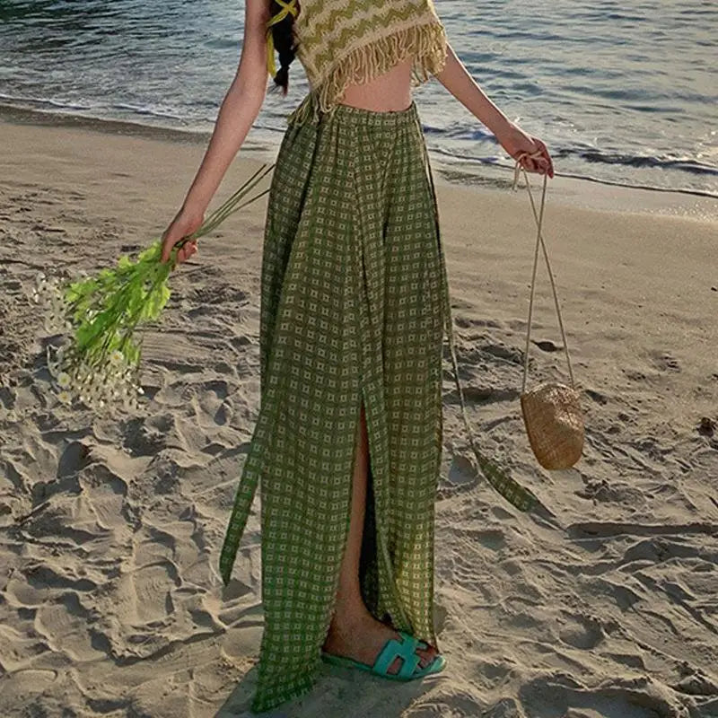 Women Vintage Boho Green Print High Waist Elegant Pleated Wide Leg Pant Summer Pink Casual Loose Straight Split Trousers Fashion