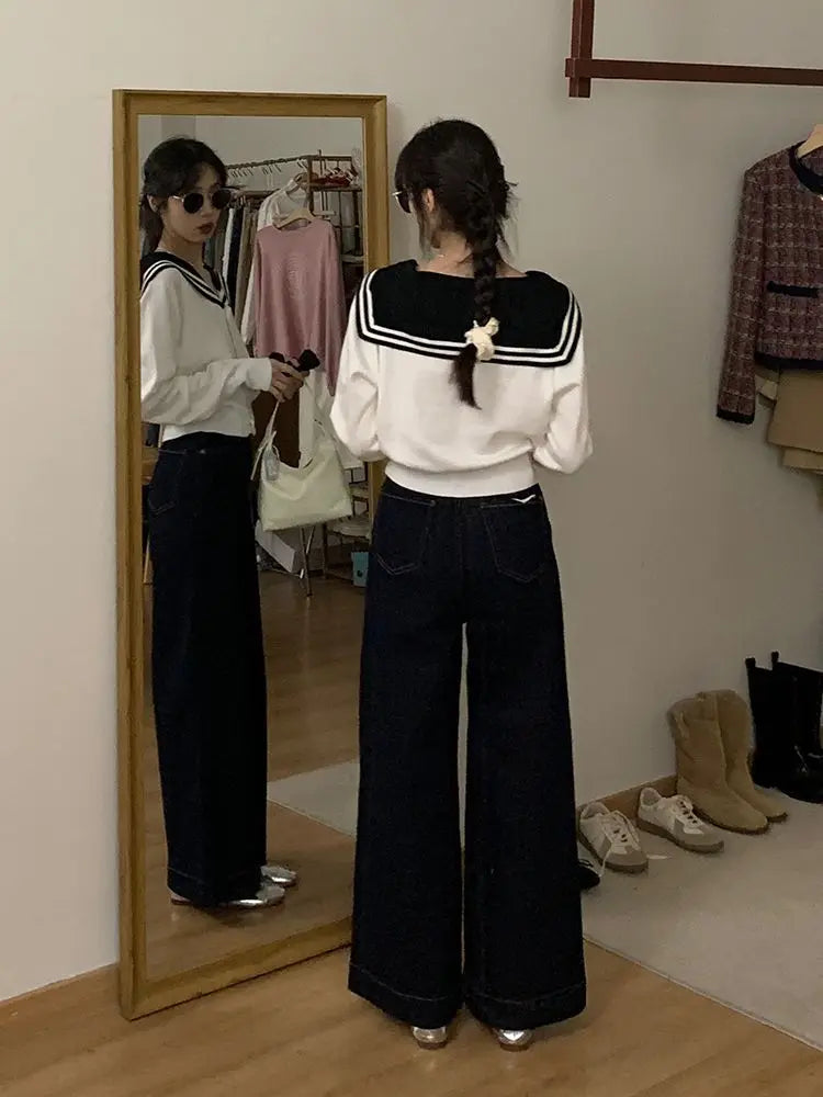 White Navy Collar Knitted Cardigan Age Reduction Women Clothing Autumn Thin Long Sleeve Sweater Korean Fashion Y2k Top