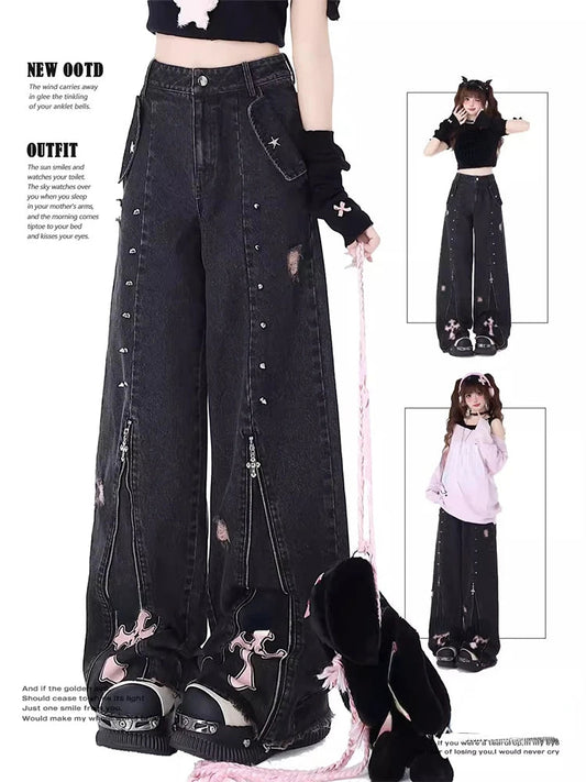 Women Black Gothic Baggy Jeans Vintage High Waist Cowboy Pants Harajuku Denim Trousers Aesthetic Y2k Emo Trashy 2000s Clothes