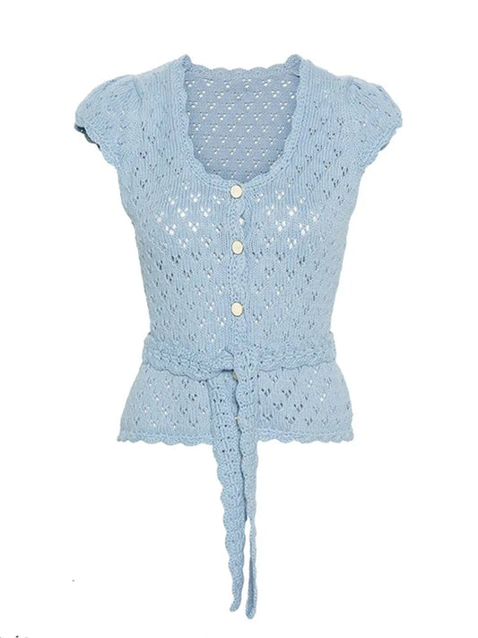 Summer Women Korean Cute Core Short Sleeve Knit TShirts Mori Girl Tees Vintage Cardigan Crop Tops Coquette Gyaru Aesthetic