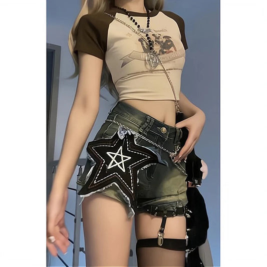 Y2K Star Print Denim Shorts Women Harajuku Gothic Wide Leg Shorts Jeans Summer Vintage Streetwear High Waist Hot Short Pants New
