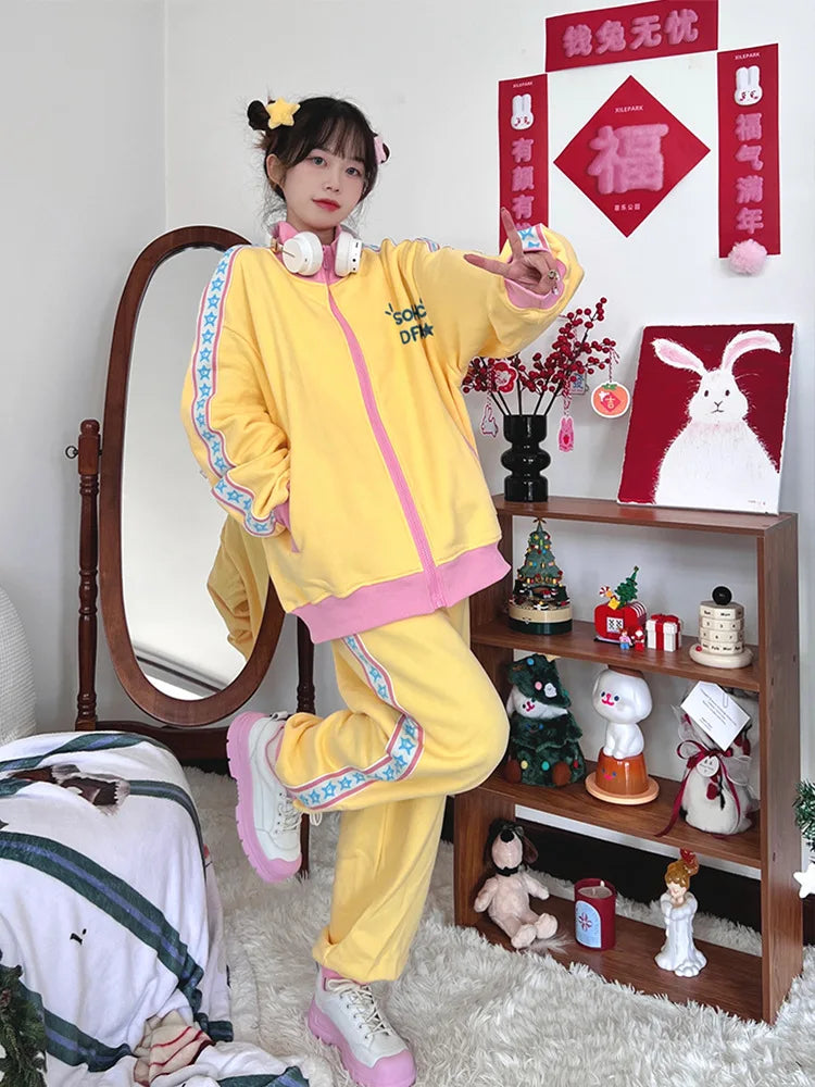 Y2k Set Women Vintage Autumn Zipper Jakcet+Joggers Pants Embroidered Letter Loose Korean 2 Pieces Sets Spring Autumn