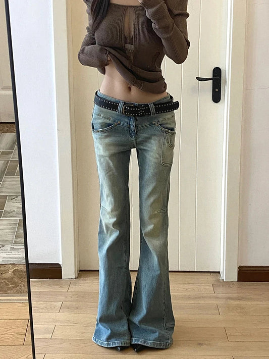 Women Gyaru Japanese Harajuku Y2K Streetwear Low Rise Flare Denim Pants Jeans 2000s Vintage BellBottom Trousers Kpop Goth Tide