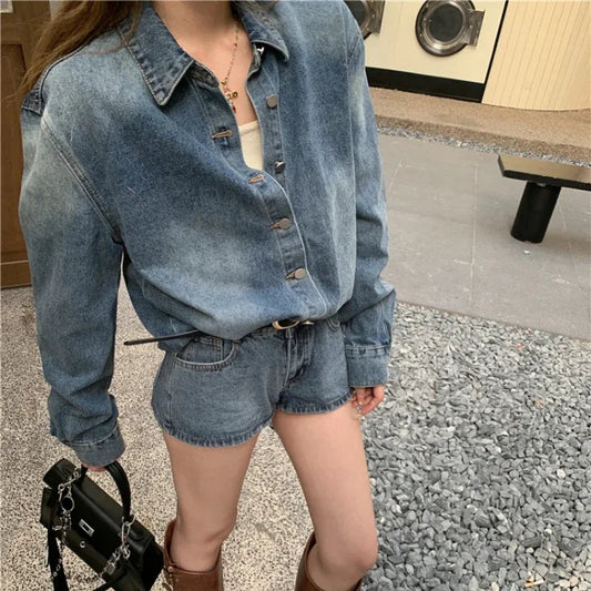 Autumn New Streetwear Washed Distressed Denim Loose Longsleeved Shirt Women + Casual Straight Pants Twopiece Suit