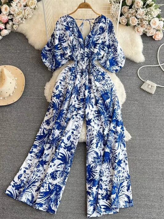 Women Elegant Print Puff Sleeve V Neck Jumpsuits Summer New Fashion High Waist One Piece Female Casual Straight Wide Leg Pants