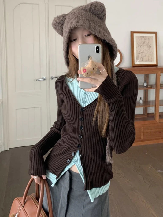 Y2K Brown and Mint Green Fake Two Pieces Knitwear Slim Button Up Cardigan Autumn Winter Ribbed Sweater Women Korean Chic